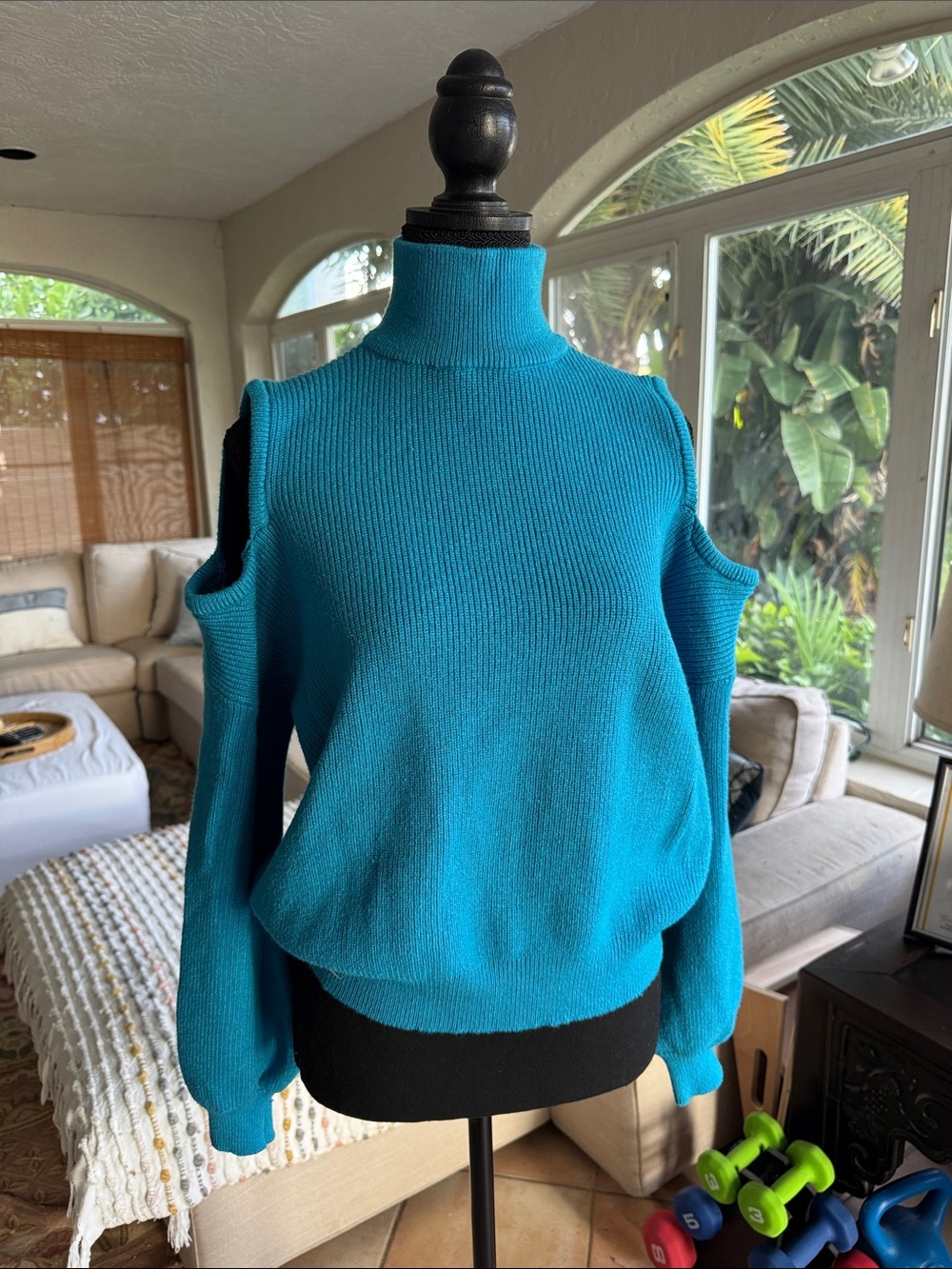 By Egreis Cold-Shoulder Mock Neck Sweater in Teal